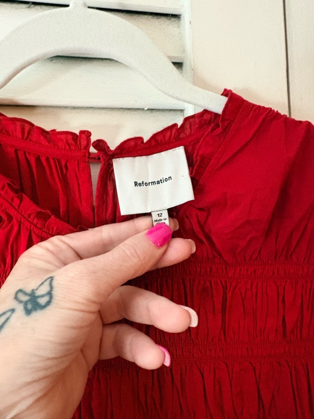 Reformation Kiria Smocked Midi Dress Red Puff Sleeve Lined Romantic Size 12 - Picture 5 of 9